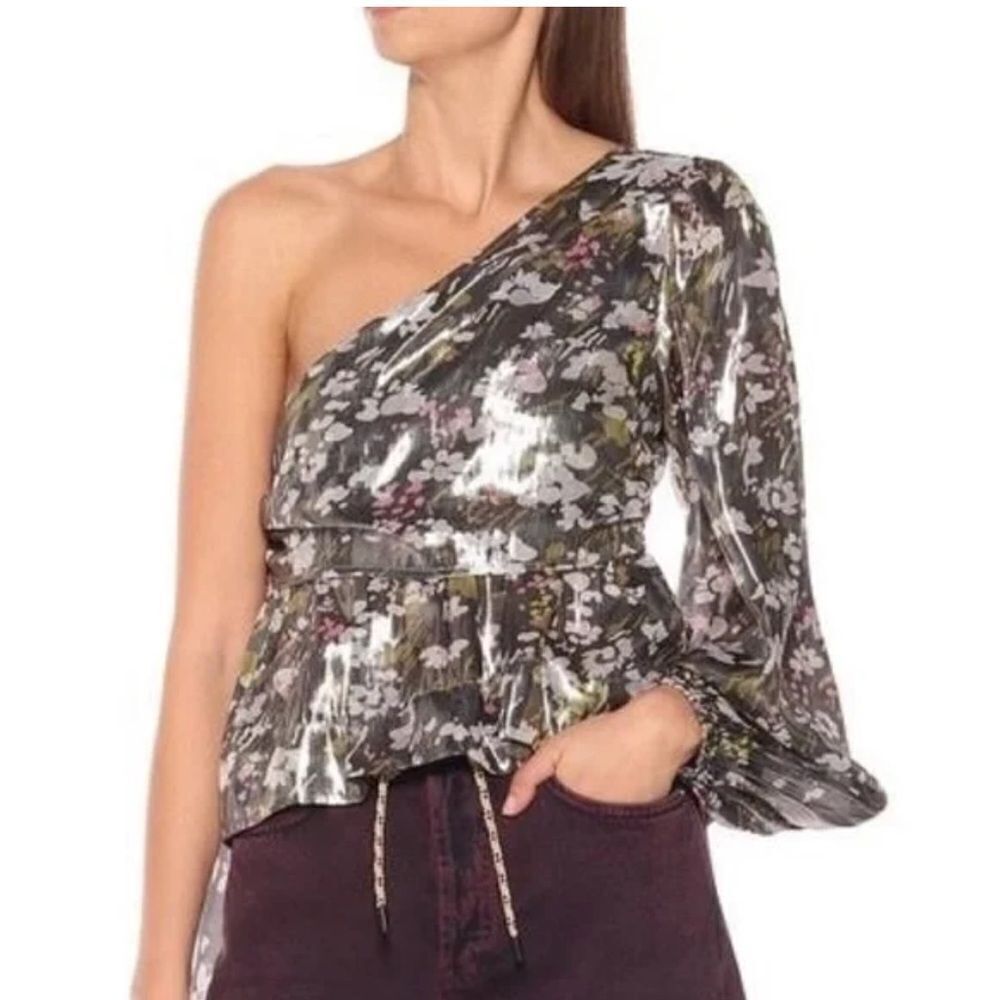 New GANNI One Shoulder Metallic Silk Top US 4/ Small